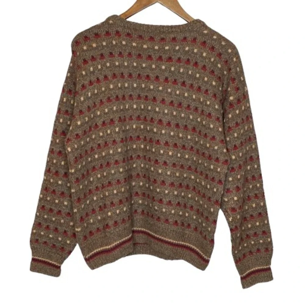 Vintage Mens Fair Isle Style Geometric Wool Blend Sweater M Brown Lodge Grandpa